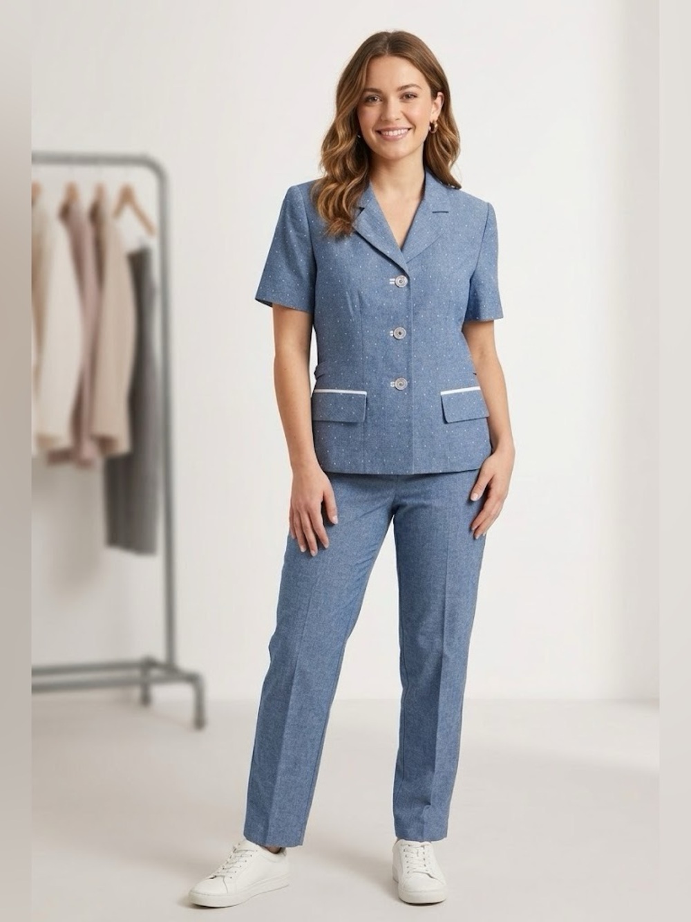 Perceptions 2 Pc. Denim Style Short Sleeve Pantsuit Light Blue 8P